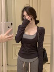 フェイク2ピース sweet系 スリム 長袖 縫付 Tシャツ 快適