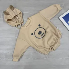 ＊SALE! 【アウトレット】コスプレ 新生児 ベビー 子供服 ロンパース くま パーカー 裏起毛 カバーオール 帽子付き フード 可愛い ベージュ 80cm【訳あり】