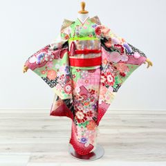 七五三に☆アンティーク青紫に御所車、檜扇 四季花々 7歳着物セット