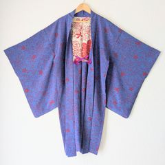 Japanese Vintage Haori Long Bluish purple Citrus Flower pattern Silk Kimono Jacket Old-ⅽloth 長羽織 羽織 正絹 青紫 橘柄 古布 時代布 一点物 大正浪漫 和洋折衷