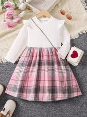女の子かわいいスプライシングチェックフラッタートリム長袖ドレス、春秋クリスマスギフト用