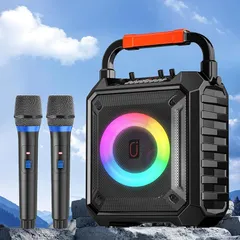 スピーカーセット JYX カラオケセット 家庭用 拡声器 ワイヤレスマイク ２本 Bluetooth 5.1 小型 PAセット 小型 カラオケマシン ポータブルスピーカー SDカード USB AUX Android 対応 ホームパーティー/会議/スピーチ/ 1