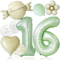【新品】 deerzon くすみグリーン 16歳 くすみカラー 数字 バルーン 誕生日 飾り付け 10点 セット 大きい 65cm くすみ ニュアンスカラー ナンバーバルーン バースデー 0