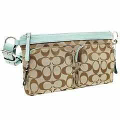 コーチ ウエストポーチ シグネチャー ウエストバッグ キャンバス レザー 革 カーキ ベージュ ライトブルー 水色 COACH ヒップバッグ ボディバッグ ミニバッグ バッグ バック カバン 鞄 【中古】