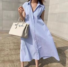 シャツワンピース 半袖 ストライプ ロングワンピース ブルー リゾートワンピース
