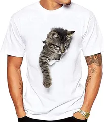 aspersio アスペルシオ 半袖 プリント柄 シャツ ユッタリ ワンポイント クルーネック ティシャツ tシャツ 半袖tシャツ ホワイト( ネコ柄,  2XL)