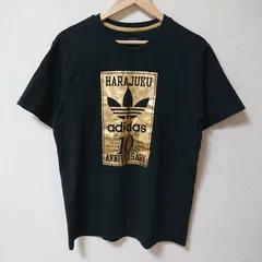 (^w^)b adidas アディダス 半袖 Tシャツ カットソー トップス 丸首 クルーネック トレフォイル プリント 原宿 10th かっこいい オシャレ シンプル カジュアル コットン 綿100% ブラック 黒 ゴールド メンズ レディース サイズL