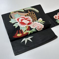 ★美品　アンティーク　名古屋帯　黒　花　松★ r029