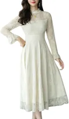 グリーンパキラ きれいめ レースワンピース 花柄 パーティードレス Aライン 可愛い 膝下 長袖 レディース フレア ロング(アプリコット,  3L)