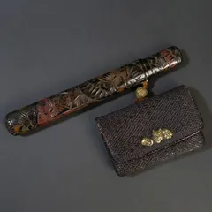 骨董・ヴィンテージ/煙草入れ 鳳凰紋唐革 鶴前金 白鶴在銘 煙管