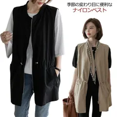 ベスト レディース ナイロンベスト ロング クルーネック ジップアップ ミリタリーベスト 春 夏 薄手 ポケット付き ノースリーブ ジャケット サマージャケット カジュアル 韓国風 無地 秋 30代 xzjhytz#