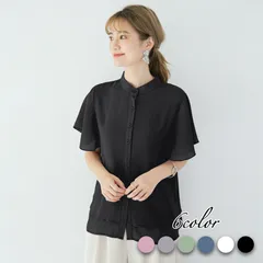 -Sunshop- ラッフルスリーブ ブラウス レディース 半袖 シフォン トップス スタンドカラー 透け感 袖フリル 楊柳 シャツ きれいめ 仕事 可愛い ☆black☆ /全国送料無料/ /在庫限り/ /安心の追跡付き配送/♠