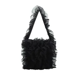 [Lapimou] フリルバッグ トートバッグ 手提げバッグ ハンドバッグ バッグ ワンショルダー トート フリル チュール レディース a4 大きめ 大容量 人気 おしゃれ かわいい [ブラック]