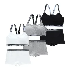 [FARFADET] スポーツブラ ボクサー パンツ ハーフトップ ジュニア ブラジャー カップ付き 上下セット インナー ガールズ 3色組 (白グレーブラック) [白グレーブラック]