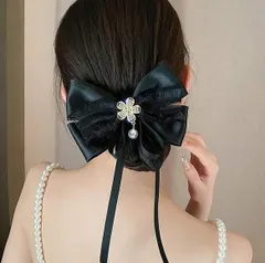 BIGリボン バレッタ 花 パール 黒 キラキラ 上品 大人可愛い ヘアアクセ フォーマル 結婚式 お呼ばれ パーティー 発表会 二次会 レディース ヘアアレンジ 髪飾り 韓国風 黒リボン バレッタ ブラック