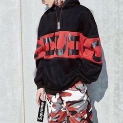 韓国 メンズ 赤 黒 バイカラー パーカー オーバーサイズ 大人気