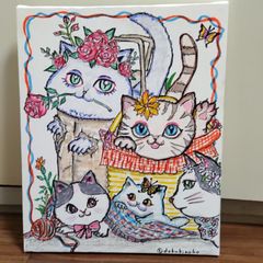 手描き  「レトロなイタズラ好き猫たち 」 絵画  アート  イラスト  キャンバス