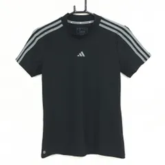 【超美品】アディダス 半袖ハイネックシャツ 黒×グレー ストライプ織生地 肩3ライン ストレッチ レディース M ゴルフウェア adidas
