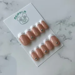㉔【ネイルチップ】ジェルネイル フレンチネイル ヌーディー系 定番ネイル 定番カラー 大人ネイル オフィスネイル シンプルネイル ワンポイント 派手すぎない ストーン オリジナル サイズ変更可 オーダー受付中