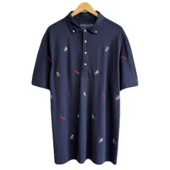 Ralph Lauren ラルフローレン ポロシャツ 半袖 総柄 刺繍 ボタンダウン 紺 ネイビー XLTサイズ No.G342