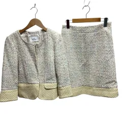 クレージュ courreges ツイードスーツ セットアップ ノーカラージャケット スカート レザー切り替え 38 ピンク ベージュ系