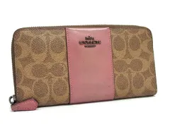 COACH コーチ シグネチャー PVC×レザー ラウンドファスナー 長財布 ウォレット 札入れ 小銭入れ ブラウン系×ピンク系 DJ4980