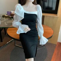 上品なワンピース！ひざ丈　結婚式 パーティ　バイカラー　フリル袖