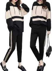 GRHONC パーカー ジャージ レディース スウェット 上下 セット 長袖 セットアップ スポーツ ウェア トレーニング フード(ブラック,  2XL)