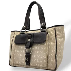 美品 BVLGARI ブルガリ ロゴマニア ハンドバッグ ミニバッグ キャンバス レザー ベージュ ダークブラウン 茶 シルバー金具 手提げ レディース U5