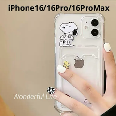 シンプルスヌーピー iPhone16シリーズケース カバー　カード入れ