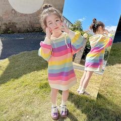 ワンピース キッズ トレーナー ロング 虹柄 カラフル 長袖 薄手 女の子 子供服 トレーナーワンピース 春 秋 小学生 中学生 ガールズ 子供服 おしゃれ かっこいい 可愛い ファッション 子ども服 ダンス KWFC080(90-140)