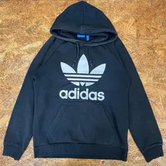 adidas トレフォイルロゴ パーカー L ブラック 黒 アディダス TREFOIL HOODY スウェット プルオーバー フーディ ユーズド USED 古着