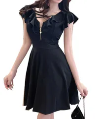 [ALL DAY Shining] ミニドレス ワンピース フロントジップ aライン タイト 半袖 オフショルダー フリル ハイウエスト パーティー イベント キャバ嬢 レディース (JP, アルファベット, M, ブラック) [ブラック] [M]