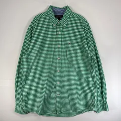 古着 トミーヒルフィガー TOMMY HILFIGER 長袖シャツ ギンガム ロゴ 刺繍 ボタンダウン 胸ポケ L  グリーン系 チェック メンズ
