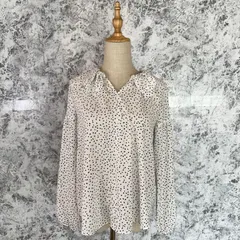 美品　SHIPS　シップス　ブラウス　シャツ　Ｖネック　総柄　長袖　ドット　水玉　フリル　レース　薄手　夏　秋【size F】　ホワイト　白　ブラック　黒