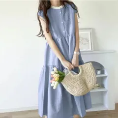 ☆ ブルー×ストライプ ☆ ワンピース レディース シャツワンピース バックリボン ワンピース レディース シャツワンピース ワンピ シャツワンピ ロングワンピース ロングワンピ フレアスカート バックリボン リボン 袖なし 袖無し そで無し かわいい 可愛い