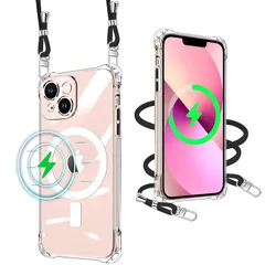 iPhone 13 Mini 用 ケース クリア Magsafe対応 マグネット搭載 ショルダー ストラップ付 携帯カバー 耐衝撃 全面保護 アイフォン13 mini 用 スマホケース 紐付き 肩がけ 首掛け 縄掛けケース TPU 薄型 軽量 き調節可能  1