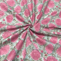 【50cm単位】くすみグリーンローズレトロフラワー　インド　ハンドブロックプリント生地　テキスタイル コットン