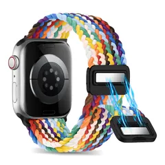 10/9/8/7/6/5/4/3/2/1 2/Series SE/SE iWatch スマートウォッチバンド 時計バンド レディース メンズ スポーツバンド 磁気吸着式バックル 編み込み ナイロン ベルト 弾力性 -(レインボーカラー) 対応 41mm 9 S