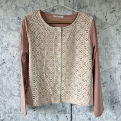 ESSEME カーディガン　【LL】　羽織　ピンク　白　ホワイト　レース　長袖　春　薄手　かわいい　ボートネック