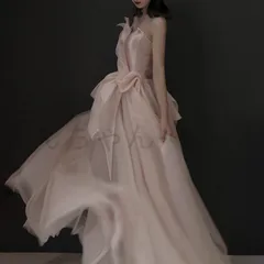 新品未使用カラードレス ロングドレス パーティードレス ピンク オフショルダー リボン ウェディングドレス ウエディングドレス 結婚式 二
