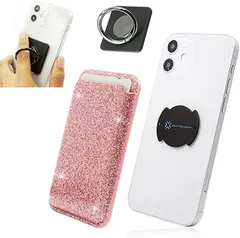 ノーブランド品 スマホにぴったり。くるっと装着 着脱簡単カードケース スマホリング付き ワイヤレス充電対応 iPhone/android対応( ラメピンク)