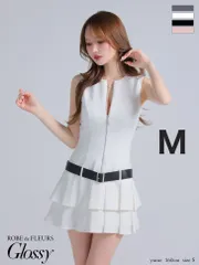 M ホワイト【ROBE de FLEURS Glossy/ローブドフルール グロッシー】  [GL4307-W-2506]ベルト付き/ ノースリーブ/ センタージップ/ フレア/ ミニドレス/ キャバドレス/ ナイトドレス