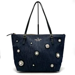 【中古】美品 kate spade ケイト スペード  ロゴ パール ラインストーン デニム レザー トート バッグ eH07233N