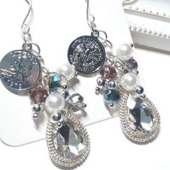シルバー+コイン+ジャラピ　フックピアス　ハンドメイドアクセサリー