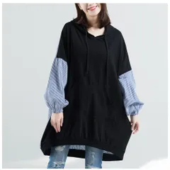 ☆ ブラック ☆ Lサイズ ☆ パーカー lydressbk02 パーカー レディース 大きめ ロング丈 切り替え スウェット フード付き プルオーバー ドロップショルダー ゆったり 大きいサイズ 切替 ロングパーカー 長袖 秋冬 春 カジュアル 大人