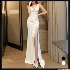 パーティードレス 結婚式 ロングワンピース レディース Vネック セクシー 胸元 ノースリーブワンピース スリット イブニングドレス エレガント パーティーウェア 夏 カクテルドレス 韓国 ロングドレス お洒落 お呼ばれドレス 86YIMAN-001