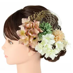 髪飾り 成人式 水引 振袖 前撮り 袴 花 菊 カスミソウ 7点セット ピンク 白 緑 ゴールド 玉飾り 造花 トレンド 華奢 Ｕピン 小 No.12-0782