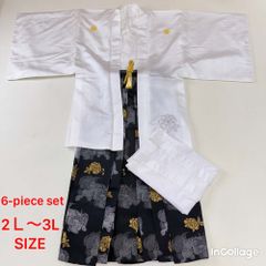 紋付袴 6点セット 着物 羽織 袴 長襦袢 羽織紐 角帯 裄74.5cm 袴丈93.5cm 2L〜3L 白 五つ紋 中古 4510