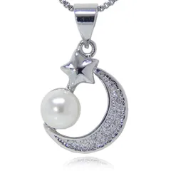 残り1点★新品★月と星 淡水真珠 18連CZダイヤモンドネックレス シルバー925 プラチナ仕上 レディースアクセサリー キュービックジルコニア プレゼント ジュエリー